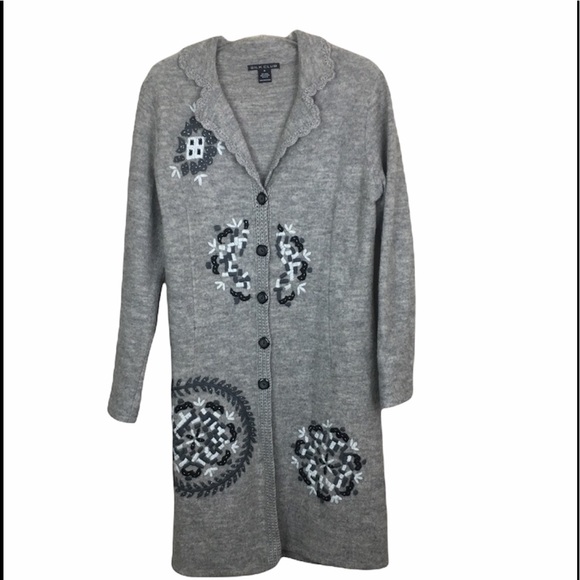 Silk club gray wool embroidered midi duster - Picture 1 of 9